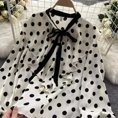 Vintage de bolinhas manga comprida plissado crop top feminino, t-shirt fina chique, camisa sexy casual fina, streetwear Harajuku, moda primavera - loja online