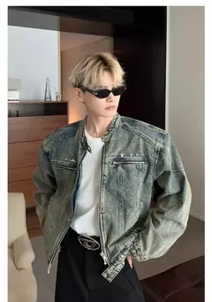 Imagem do Jaqueta jeans de rua masculina, vintage lavada, jaqueta de caubói angustiada, streetwear casual, primavera, novo, estilo americano, zíperes