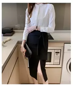 Primavera verão moda cor sólida camisa feminina de manga longa comutando irregular botão chiffon topo feminino camisa branca das mulheres c028