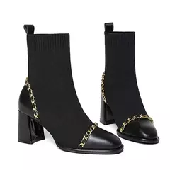 Botas de salto médio quadrado para mulheres, escorregar sapatos, monocromático, luxuoso, quente, barril curto, moda, venda quente, inverno, 2023 na internet