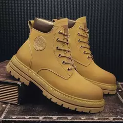 Botas de couro de cano alto masculinas, botas masculinas com renda, sapatos de motocicleta, lazer ao ar livre, confortável, nova moda, outono