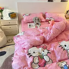 Olá Kitty Queen Size Conjunto de cama, colcha, folha plana e fronhas, Pink Princess Dorm Suit, desenhos animados bonitos, 4 pcs por conjunto