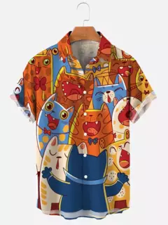Camisa havaiana dos desenhos animados de anime masculino, Tops de manga curta, roupas casuais masculinas, rua, animais, gatos, retrô, 3D Tees, verão - comprar online