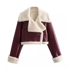 Jaqueta de shearling falso feminina, casaco de pele de carneiro, jaquetas retrô motociclista, tops, inverno na internet