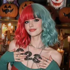 Halloween curto encaracolado bob perucas sintéticas dois tons cores vermelho e ciano onda de água peruca sintética com franja para mulher cosplay parte - Wolf Magazine