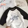 T-shirt de manga comprida para menino e menina, top de algodão puro, design cartoon, novo outono e inverno