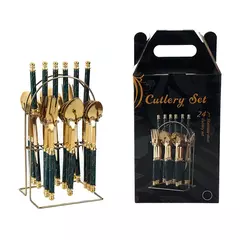 Louça de aço inoxidável com contas duplas, Rack com alça de plástico, faca de bife, garfo e colher, presentes high-end, 24PCs - comprar online