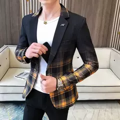 Jaqueta de terno casual xadrez masculina, baile masculino, blazer social, casaco fino, roupa de anfitrião, moda boutique
