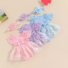 3d flor verão bebê meninas macacão princesa malha roupas recém-nascidos rendas retalhos plissado bodysuit vestido bandana crianças roupas na internet