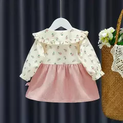 Outono novas meninas recém-nascidas vestido de manga longa dos desenhos animados fragmentado flor lapela bebê vestido de princesa flor cinta vestido na internet