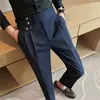 Calça de cintura alta estilo britânico masculina, justa, calça formal de escritório, social, festa de casamento, fato de vestido, calça, casual