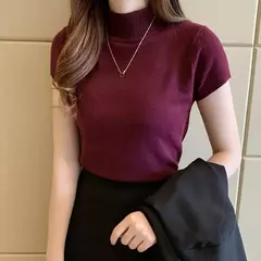Camiseta feminina de malha meia gola alta, elegante monocromática, manga curta, pulôver casual versátil, tops magros, verão - loja online