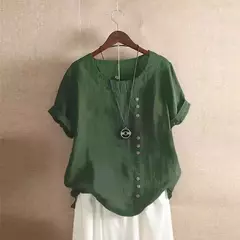 Top feminino de algodão e linho verão casual solto botão manga curta cor sólida pulôver blusa femme blusas - comprar online