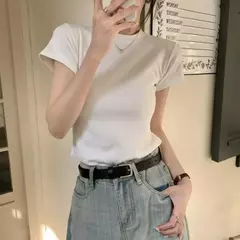 Blusa elegante de manga curta feminina, camiseta feminina slim fit elegante, pulôver macio com o pescoço, streetwear monocromático, top elástico - Wolf Magazine