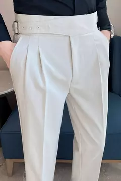 Estilo britânico dos homens de cintura alta vestido casual calça masculina cinto design calças finas formal escritório social vestido de festa de casamento terno calças
