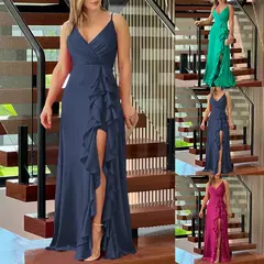 Imagem do Vestido feminino plissado com decote em v, vestido preto longo, vestidos de noite formais, convidado do casamento, dama de honra, coquetel, mergulhar