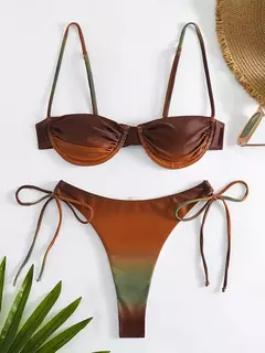 Fato de banho plissado com cordão feminino, biquínis arco, maiô sexy, banhista, conjunto de biquíni gradiente, moda verão, 2 peças na internet