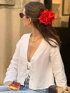 Camisas femininas com laço de linho e algodão com renda, blusa solta de manga longa com decote V profundo, blusa casual feminina, primavera e verão - loja online