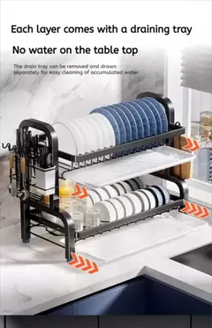 Imagem do Rack de secagem de pratos, 2 camadas, compacto, cozinha, conjunto de escorredor, grande, à prova de ferrugem, escorredor de pratos com suporte de utensílio