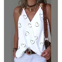 Camisola de alças sem mangas estampada listrada feminina, gola em v com fivela de metal, pulôver solto, blusa feminina, verão, 2024 na internet