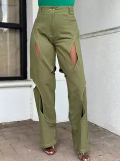Contraste cor patchwork calças de perna larga, botão de cintura alta, fecho de zíper, oco para fora, calça reta, azul, verde