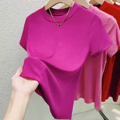 Camiseta de manga curta de gola redonda feminina, blusa casual, camiseta monocromática, plus size, roupas sexy e finas, moda verão - comprar online