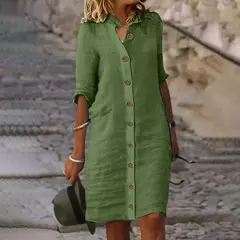 Imagem do Saia Midi de Algodão Elegante Feminino, Vestido Casual, Manga Curta, Comprimento Médio, Decote V, Lady Robe, Vestidos de Verão, S-XL, 2022