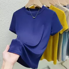 Camiseta de manga curta de gola redonda feminina, blusa casual, camiseta monocromática, plus size, roupas sexy e finas, moda verão na internet