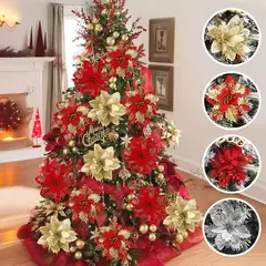 Flores artificiais de glitter para árvore de natal, ornamentos pendurados, flor falsa, lar, Natal, ano novo, presente, 2022, 2024
