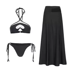 Conjunto de biquíni de três peças, sutiã acolchoado, borla, saia de praia de cintura alta, maiô de verão, moda sexy, monocromático - loja online