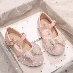Salto liso da menina com arco pérola e strass, sapatos princesa para crianças, moda, outono - Wolf Magazine