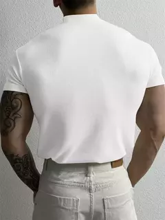 Imagem do Camiseta listra de gola alta masculina, blusa fitness de manga curta, roupa esportiva de lazer, moda primavera e verão, camisa esportiva