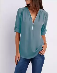 Blusa feminina profunda com gola V, tops femininos, pulôver sexy com zíper, moda casual, camisa solta legal, plus size, venda quente, 2024 na internet