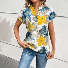 Camisa do verão Moda Floral Impressão Digital Camisa Para As Mulheres Plus Size V-Neck Short-Sleeved Camisa Para As Mulheres Camisa Casual Solta - comprar online