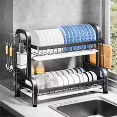 Rack de secagem de pratos, 2 camadas, compacto, cozinha, conjunto de escorredor, grande, à prova de ferrugem, escorredor de pratos com suporte de utensílio - loja online