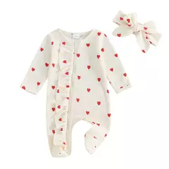 Pudcoco-macacão de bebê menina com estampa de coração, manga comprida para os pés, com zíper e bandana de 0 a 6 anos - comprar online