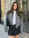 TRAF-Jaqueta recortada com zíper frontal de manga comprida feminina, bolsos com abas, casaco vintage, casacos femininos, tops chiques, moda