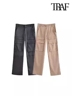 TRAF-Calça feminina de cetim cargo com bolsos, vintage, cintura alta, mosca com zíper, calça feminina, moda