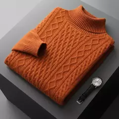 Pulôver Jacquard de cadeia dupla para homens, suéter de gola alta, camisa de fundo de malha 100% lã merino nova, outono e inverno - comprar online