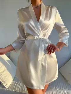 Mulheres cetim robe de noite, manga longa, decote V, cinto, roupa de dormir sólida na internet