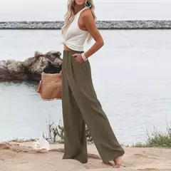 Calça larga de linho de algodão feminina, comprimento total, casual, monocromática, solta, cintura alta, reto, botão, verão na internet