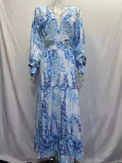 Primavera novo vestido longo moda impressão sexy profundo decote em v vestido de manga comprida feminino elegante oco para fora plissado emendado maxi vestido