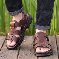 Sandálias de couro de sola grossa masculinas, sapatos de praia, chinelos de couro antiderrapantes, ao ar livre, novo, 2024 na internet