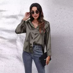 Blusa feminina de cetim manga longa, camisa cetim, tops de seda, vestuário europeu e americano, novo - loja online