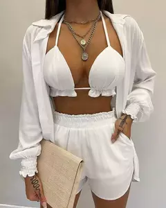 Fato de banho feminino de três peças, moda praia sexy, biquíni de cintura alta, maiô estampado, shorts para cobrir, moda praia de verão, novo 2024 - loja online