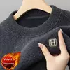 Suéter de lã quente com o pescoço masculino, pulôveres de malha casual bordados, Roupa interior térmica grossa, Inverno