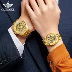 OUPINKE-impermeável relógio mecânico automático para casal, tungstênio tira de aço, movimento importado, dourado, luxo, original - comprar online