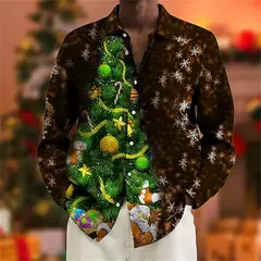 Imagem do Camiseta masculina de manga comprida de árvore de Natal, estampada em todo o lado, gráfico floco de neve, camisas casuais, blusa de Natal, plus size