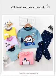 Desenhos animados infantis impresso algodão pijamas conjuntos, unisex, macio, conforto, quente, bonito, adequado, perfeito para meninos, meninas, outono, inverno, calor