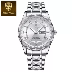 POEDAGAR-Relógio de pulso quartzo em aço inoxidável impermeável masculino, marca superior, luxo, luminoso, data, semana, relógios masculinos